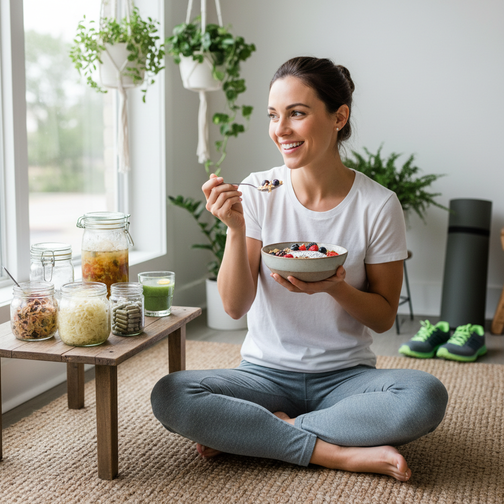 An illustration of a healthy gut microbiome with diverse beneficial bacteria alongside symbols of a balanced diet and fitness, representing holistic weight management.