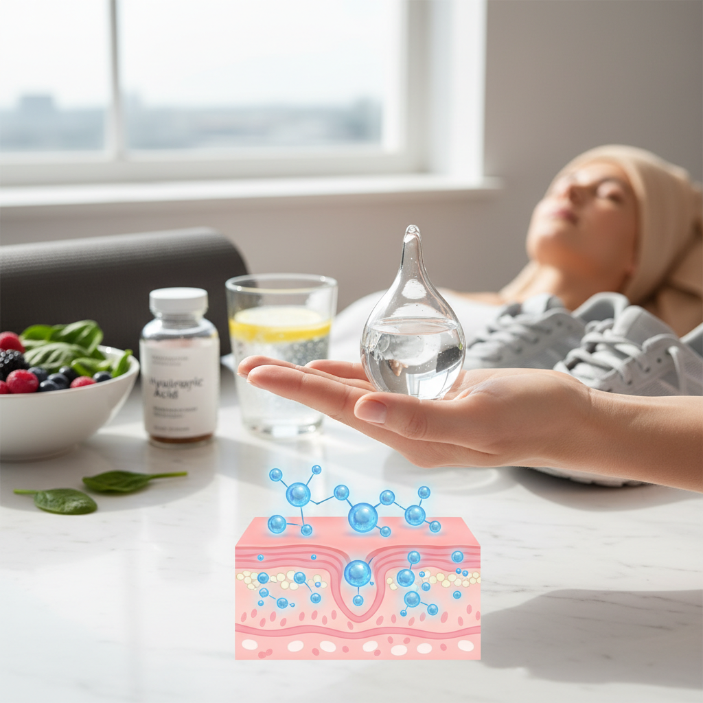 Microscopic view of skin cells with hyaluronic acid (HA) molecules embedded, illustrating their role in deep hydration and cellular anti-inflammatory support.