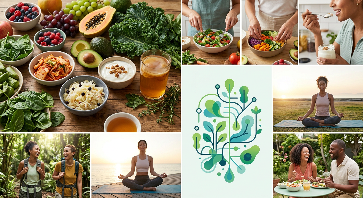 A collage of various gut-healthy foods like fruits, vegetables, and fermented items, alongside a graphic representing the benefits of ProbioMax® Complete 350B for holistic wellness.