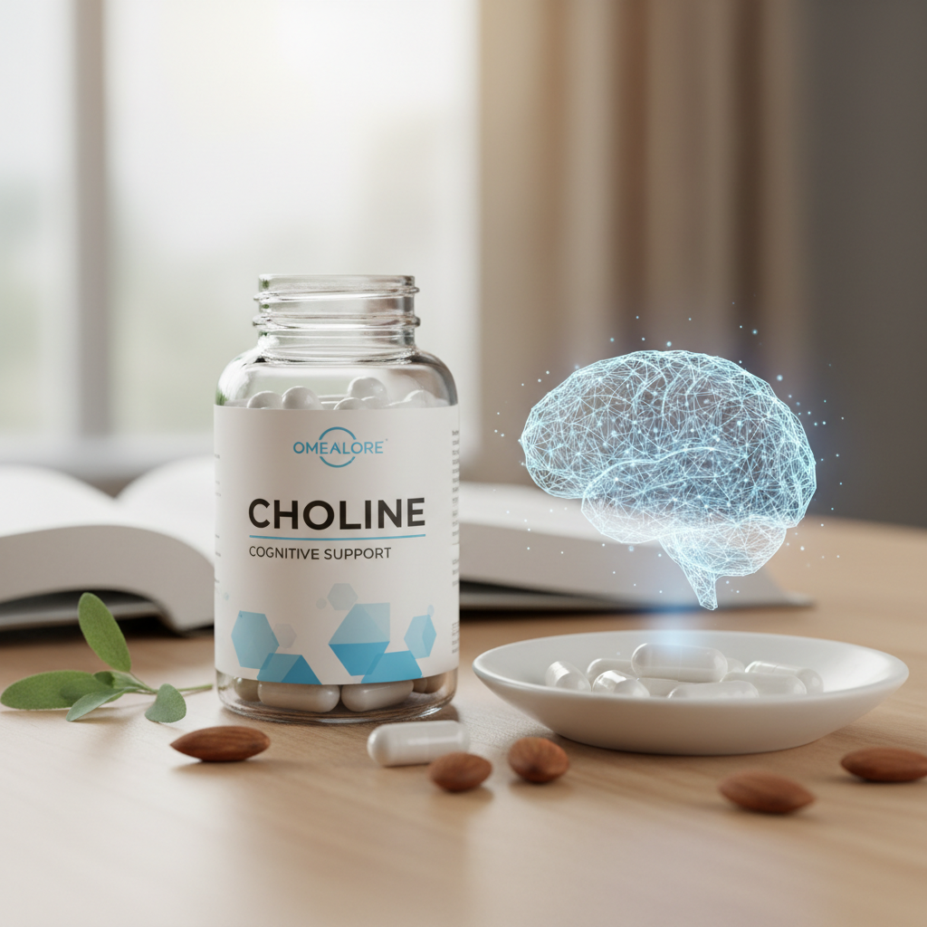 A stylized representation of choline molecules impacting a healthy brain, illustrating the direct link between the nutrient and cognitive benefits.