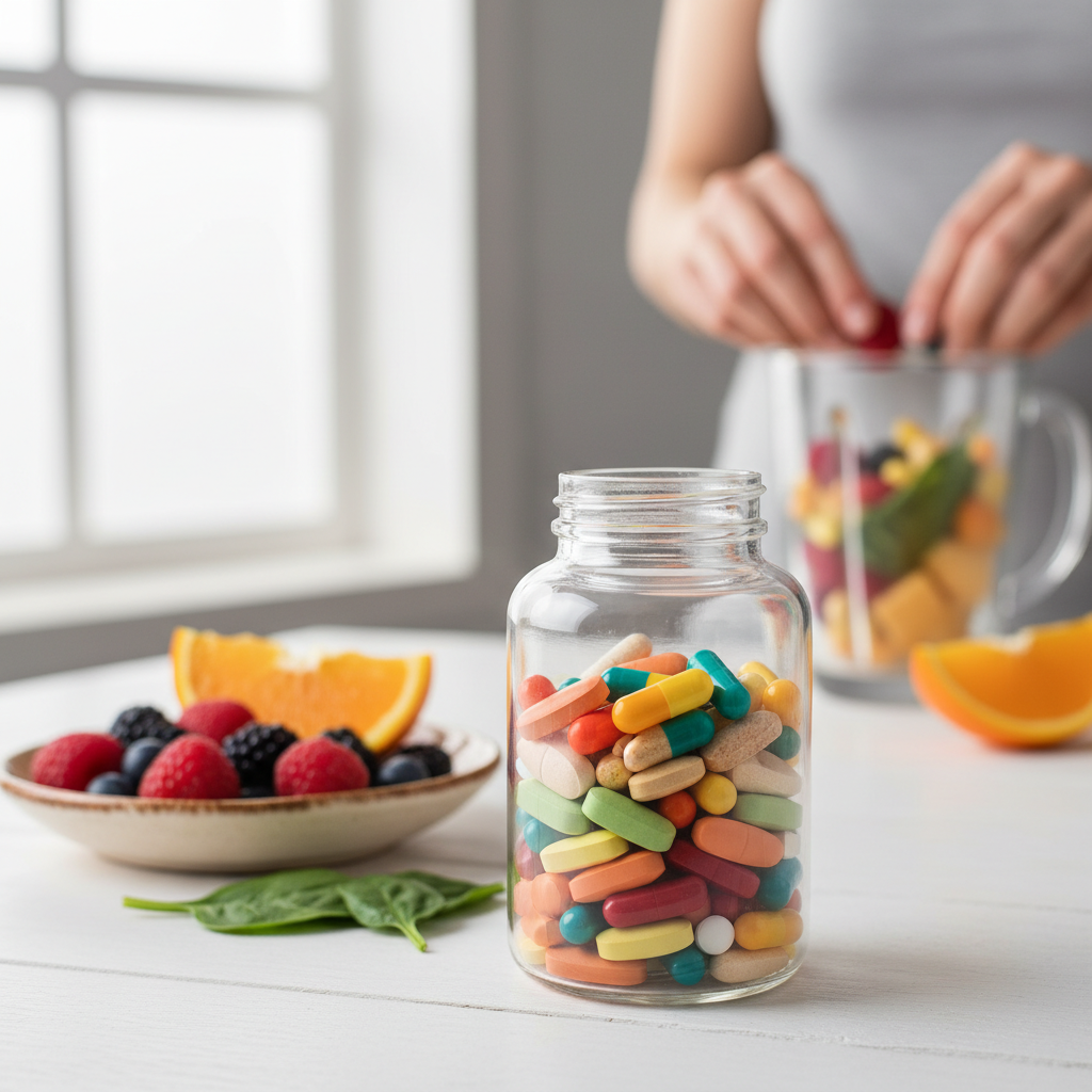 An abstract illustration of a multivitamin capsule surrounded by swirling vibrant colors, representing its diverse benefits.