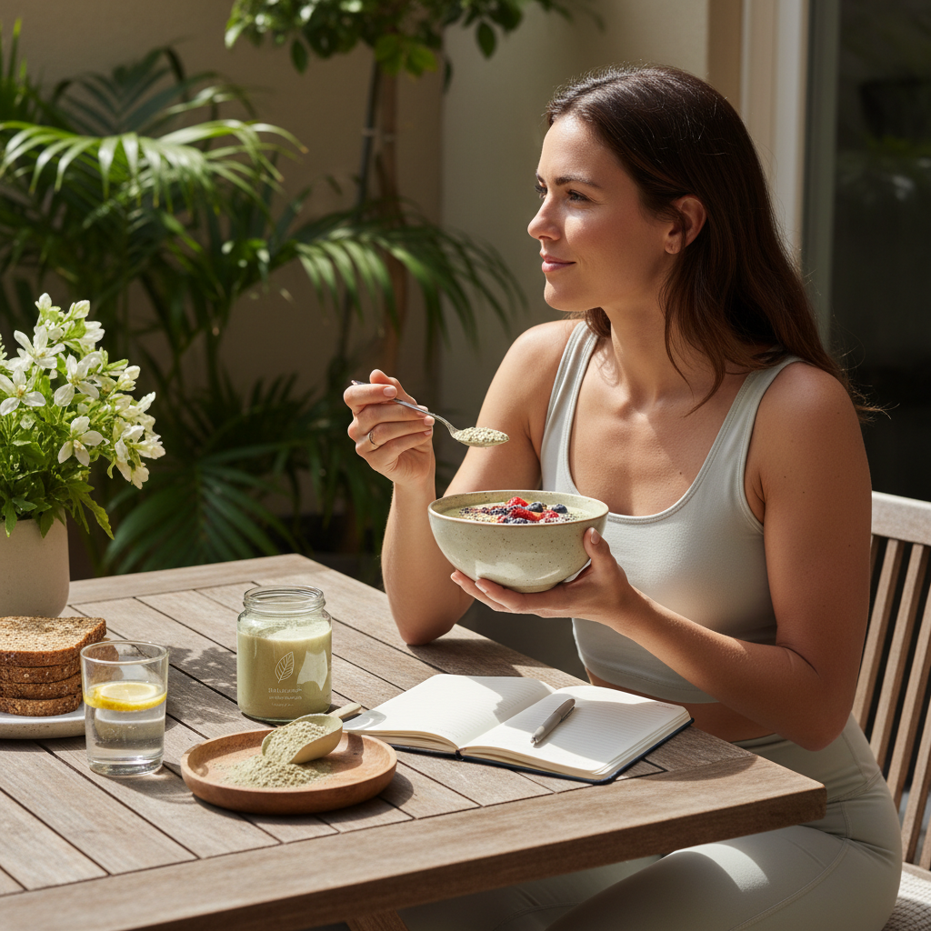 A diagram illustrating the interconnectedness of gut health and overall well-being, showing arrows pointing from the gut to the brain, immune system, and skin, with various beneficial compounds flowing within the gut.