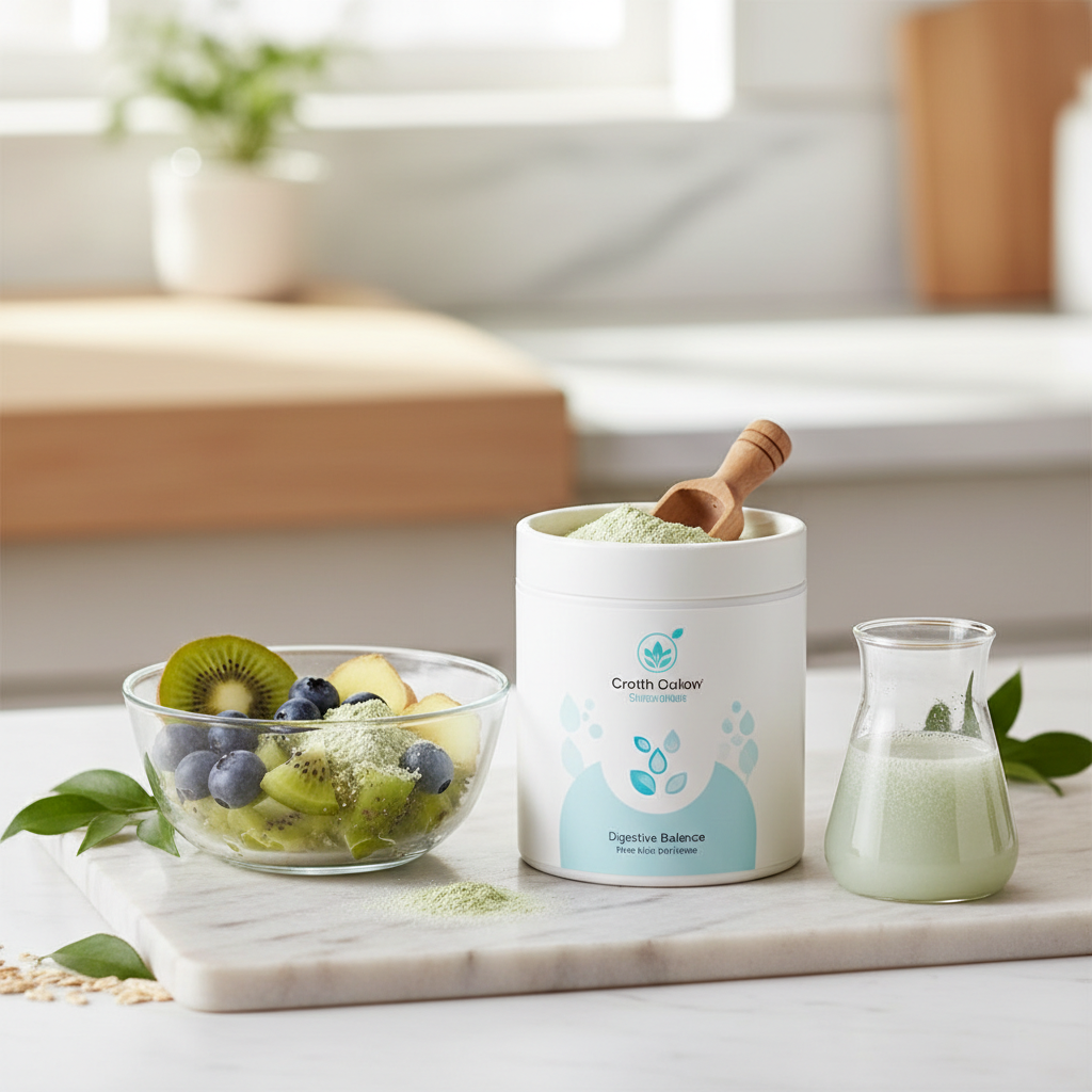 Close-up of a person mixing a GI Balance Powder into a glass of water, showing the powder dissolving and creating a healthy beverage.