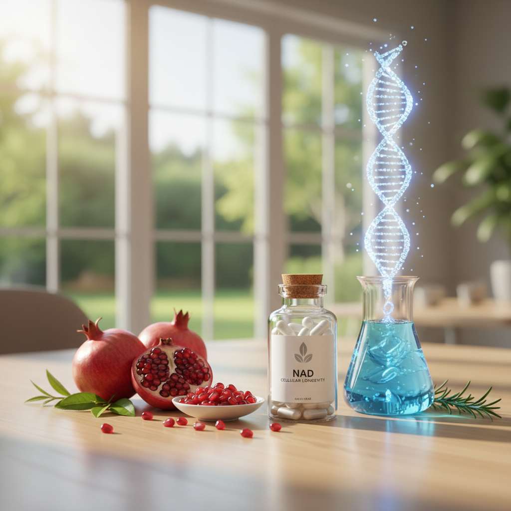 A stylized representation of NAD+ molecules interacting with cellular structures, emphasizing their role in vital processes like energy production and DNA repair.