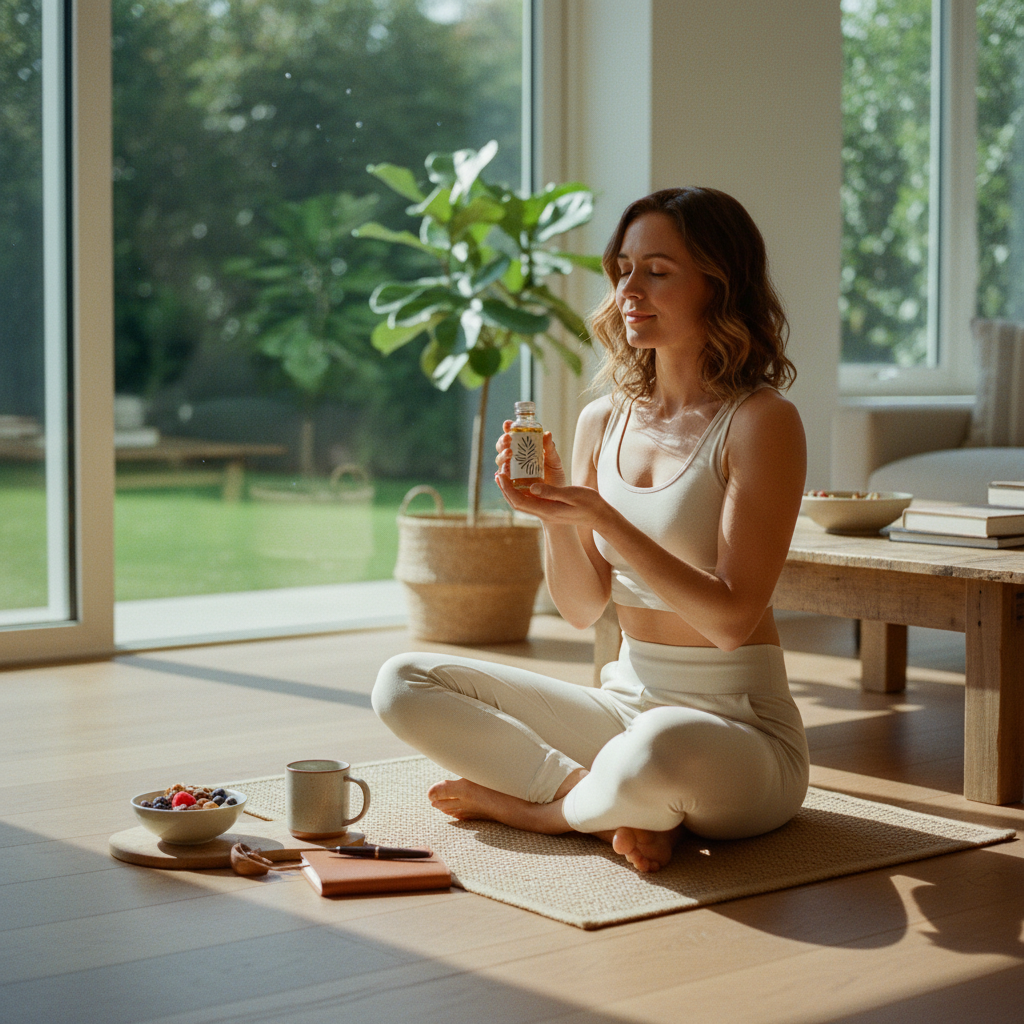 An illustration of a stylized human brain, glowing with light or energy, surrounded by various scientific symbols representing neurotransmitters, neurons, and cellular structures to convey enhanced cognitive function and sustained focus.