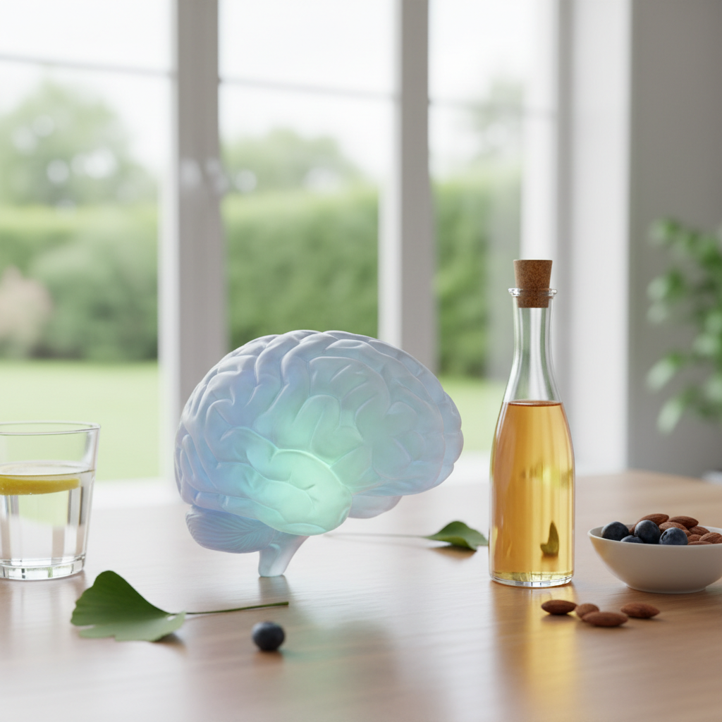 A depiction of a complex neural network with interconnected glowing lines and points, representing enhanced brain activity and focus. The lines could flow towards a central, brighter point, symbolizing improved concentration and mental clarity.