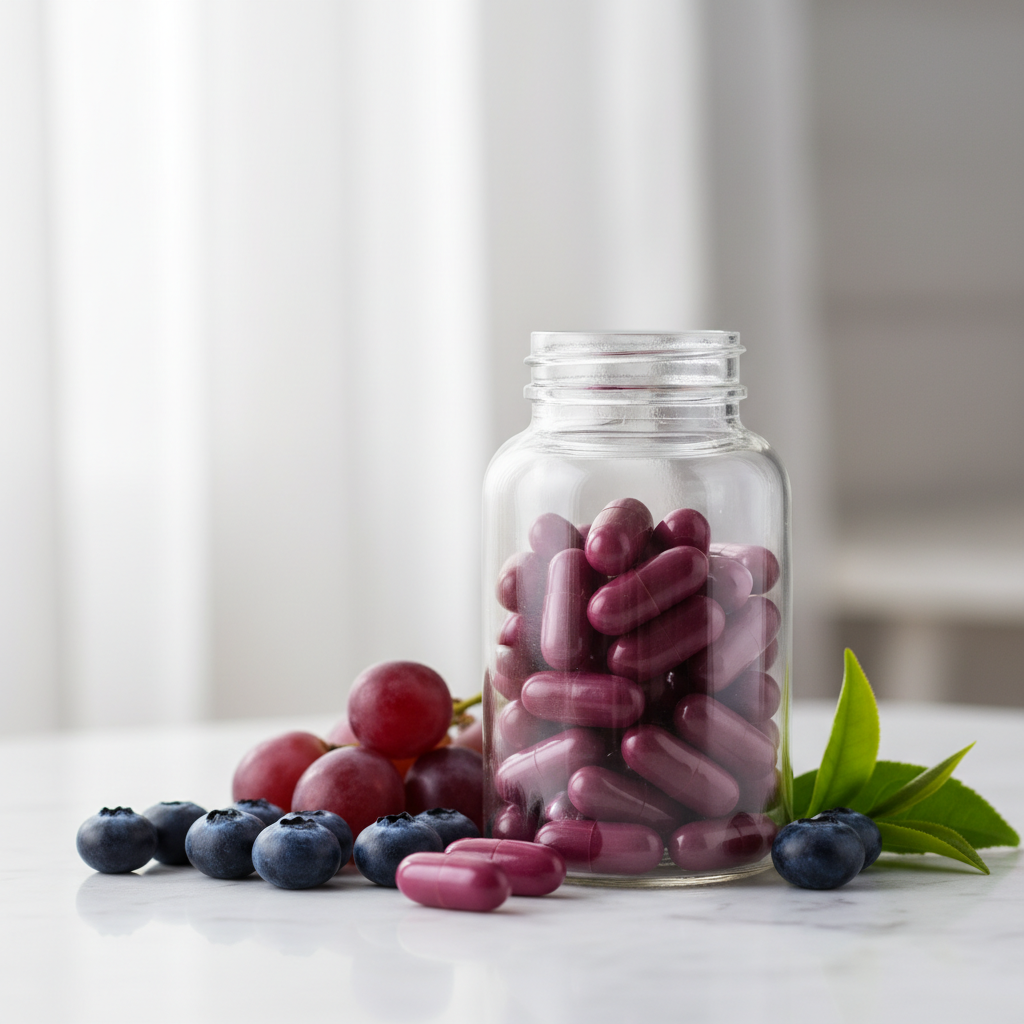 A magnified image of Resveratin Plus capsules, showcasing their smooth texture and rich color, with a soft glow emanating from within, symbolizing cellular protection.