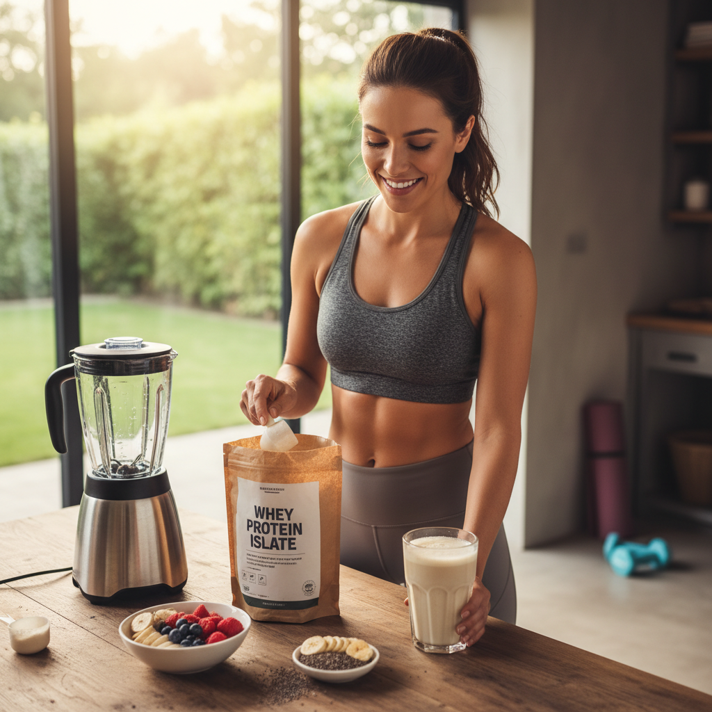 A person drinking a whey protein isolate shake after a workout, symbolizing energy and recovery.