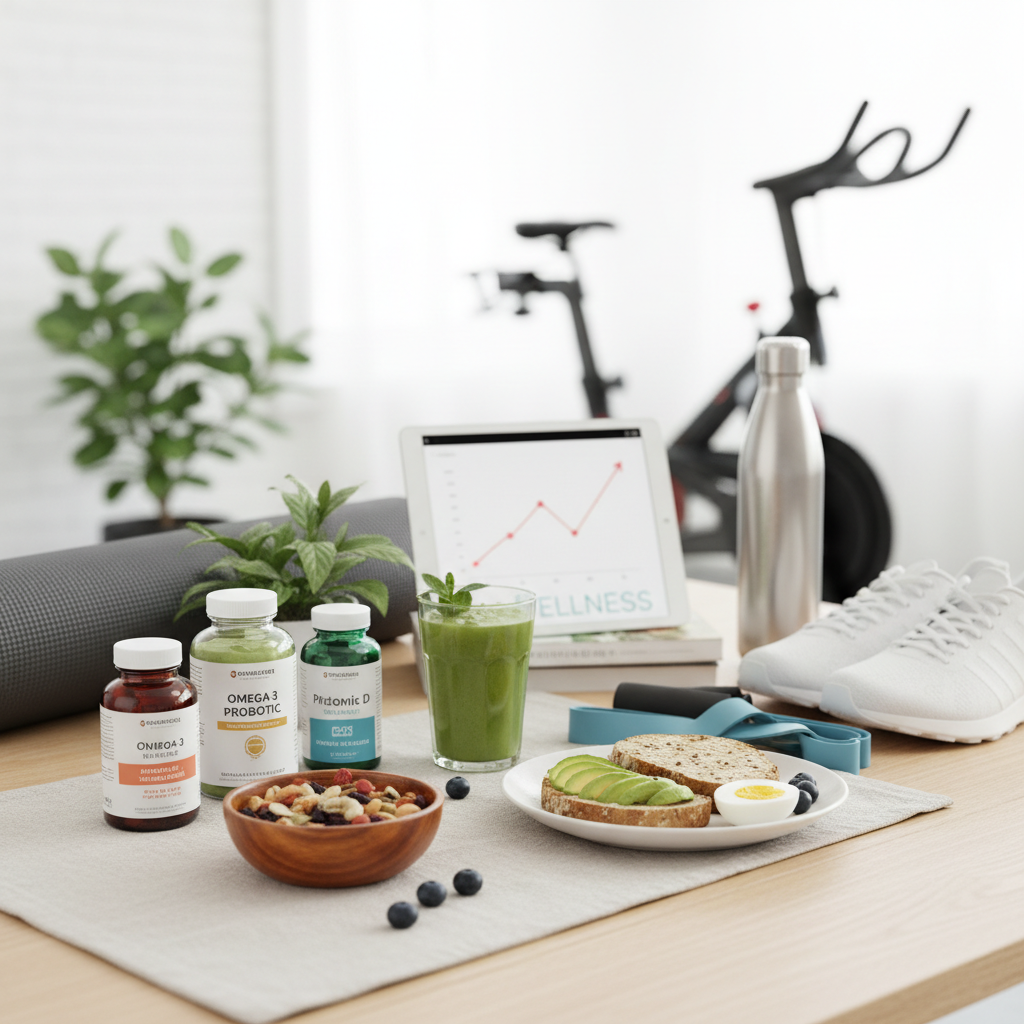 A person engaged in a diverse set of healthy lifestyle activities including eating fresh produce, exercising, and resting, all aimed at reducing visceral fat.